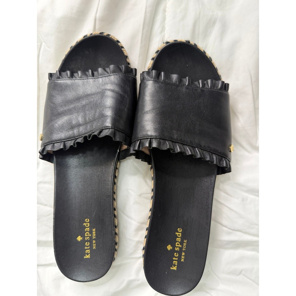 Kate Spade Zahara Black Leather Ruffle Espadrille Sandals Womens‎ 10M S31600D